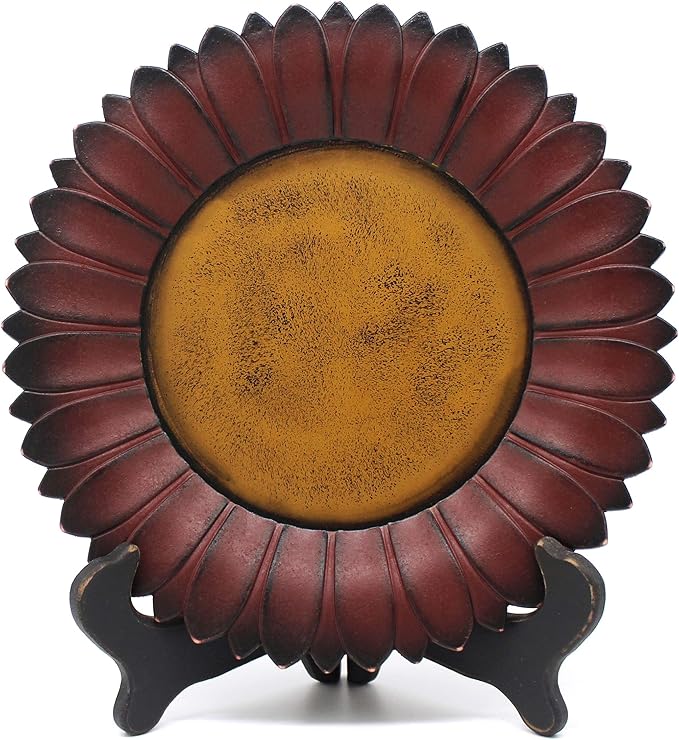 CVHOMEDECO. Sunflower Plate with Rack Country Vintage Display Wooden Plate Home and Office Décor Art, 11 Inch (Burgundy Plate with Rack)