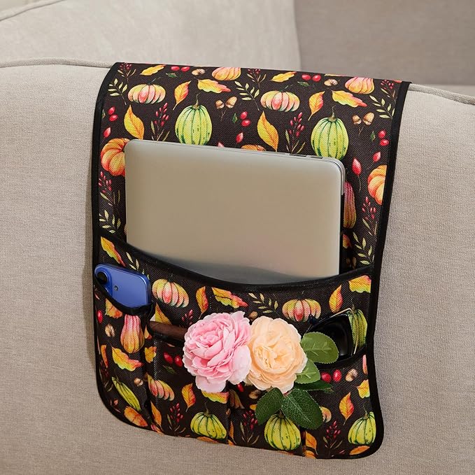 Sofa Armrest Organizer Non-Slip Arm Chair Hanging Caddy Remote Control Holder for Magazine,Tablet, Phone, Books, Glasses(BlackPumpkin,13in)