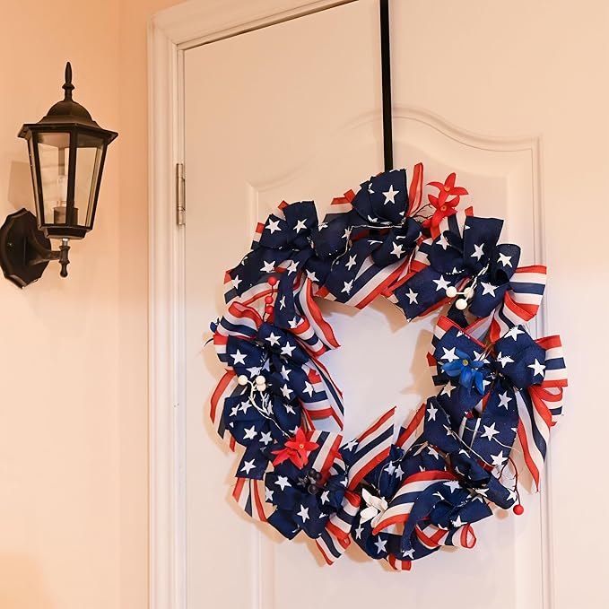 DecorbyHannah Patriotic Wreath for Front Door, 24 inch Large 4th of July Wreaths with Lights, Collapsible Red White Blue Burlap Bow Farmhouse Wreath Decorations for USA 250th Holiday