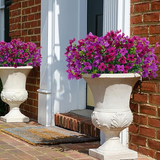 Artificial Faux Plants Flowers Outdoor Spring Summer Decoration, 12 Bundles Fake Silk Colorful Daisy Eucalyptus Realistic UV Resistant for Outside Home Planter Porch Yard Decor (Purple Red Lotus)