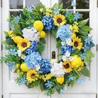 24in Spring Summer Wreaths for Front Door, Artificial Sunflower Lemon Wreath with Blue Hydrangeas, Luxury Colorful Floral Wreath for Indoor Outdoor Farmhouse Home Wall Porch Window Summer Wreath