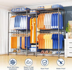 Ulif E12 Pro Clothes Rack，Heavy Duty Freestanding Garment Rack with Shelves，Metal Clothing Closet Storage System for Hanging Clothes，71" W x 16" D x 76.5" H, Hold 960 lbs，Grey