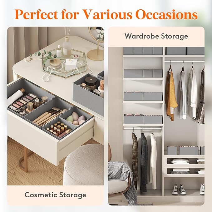 Lifewit Drawer Organizer Clothes for Closet 32 Pack, 3 Sizes Underwear Wardrobe Drawer Dividers, Fabric Foldable Dresser Storage Organizer Bins for Sock/Bra/Lingerie/Undies, Light Gray