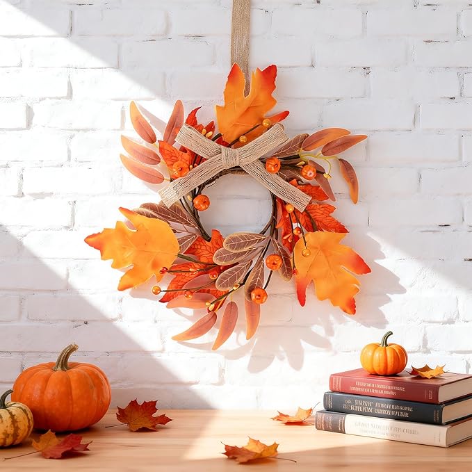 4 PCS Mini Fall Wreaths for Kitchen Cabinet 9 Inch Fall Maple Leaf Wreath for Front Door Small Autumn Hanging Wreath Thanksgiving Candle Ring for Farmhouse Home Porch Wall Window Table Decoration