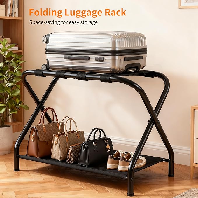 Heybly Luggage Rack for Guest Room, Pack of 2, Steel Folding Suitcase Stand with Storage Shelf for Bedroom, Hotel, Foldable Steel Frame, Guest Room 26.2" L x 14.4" W x 20.5" H, Black HLR004B2