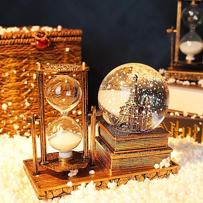 Snow Globe with Hourglass Timer Home Decorations for Living Room LED Music Crystal Ball Snow Globes Collectibles Bedroom Book Shelf TV Cabinet Desktop Decor Statue Figurine Table Centerpiece Ornament