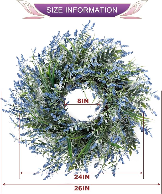 26'' Large Lavender & Eucalyptus Wreath for Front Door - Artificial Eucalyptus Leaves Greenery Outdoor Wreath for Wedding Farmhouse Porch Wall Room Home Decor (Blue)