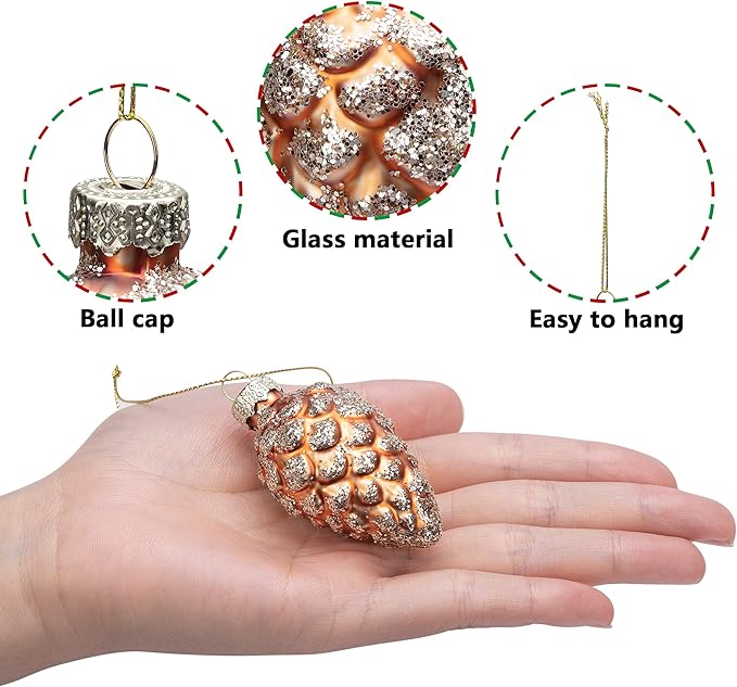 Watayo 12 Pcs Christmas Pinecone Glass Ornaments, Fall Hanging Pine Cone Painted Glass Ornaments, Glitter Pinecone Christmas Ornament for Xmas Tree DIY Crafts Fall Thanksgiving Day Decoration