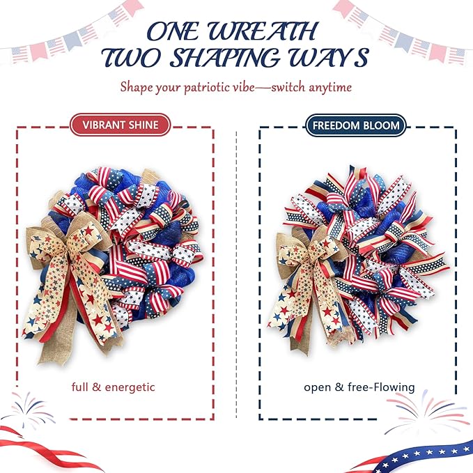 250th Anniversary Patriotic Wreaths for Front Door, 24 Inch Large 4th of July Decorations, Handcrafted Ribbon Burlap Bow, Red White and Blue Memorial Day Wreath with Lights & Storage Bag