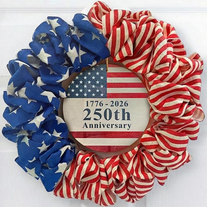 4th of July Wreath for Front Door - 20 inch Memorial Day Patriotic Decorations Outdoor, Red White and Blue 1776-2026 USA 250th Anniversary Burlap American Flag Door Wreaths