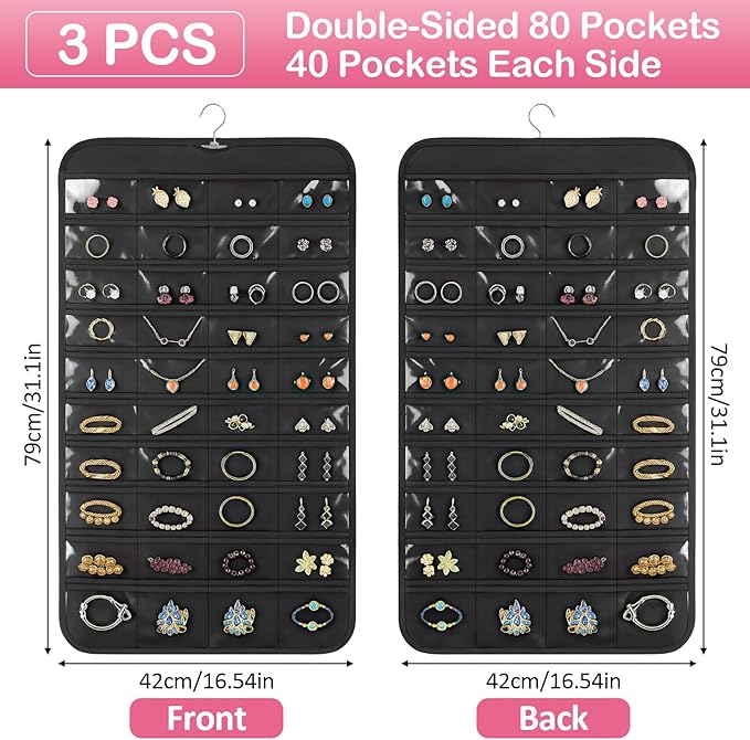 3 Pack Hanging Jewelry Organizer, 80 Clear Pockets earring organizer and storage, Accessories holder organizer for Closet, Jewelries, Necklace, Travel