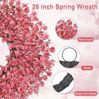 26 Inch Spring Wreaths for Front Door Large Easter Valentines Forsythia Floral Summer Spring Door Wreaths Outdoor All Season Spring Decorations for Home Porch Room Window Wall Farmhouse Decor(Pink-1)