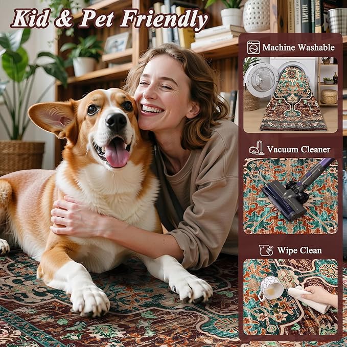 U'Artlines Boho Vintage Area Rug 4x6 ft Machine Washable Low Pile Soft Floor Carpet Non Slip Non Shedding Accent Rug for Living Room Bedroom Entryway Dining Room Office Rust＆Teal