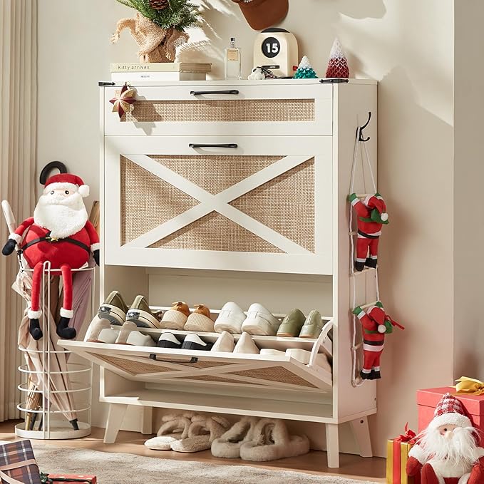 LEYAOYAO Shoe Storage Cabinet for Entryway with 2 Rattan Flip Drawers, Boho Narrow Shoe Cabinets for 16-20 Pairs Shoes with Large Drawers, Hidden Slim Shoe Rack with Wood Legs for Hallway, Off White