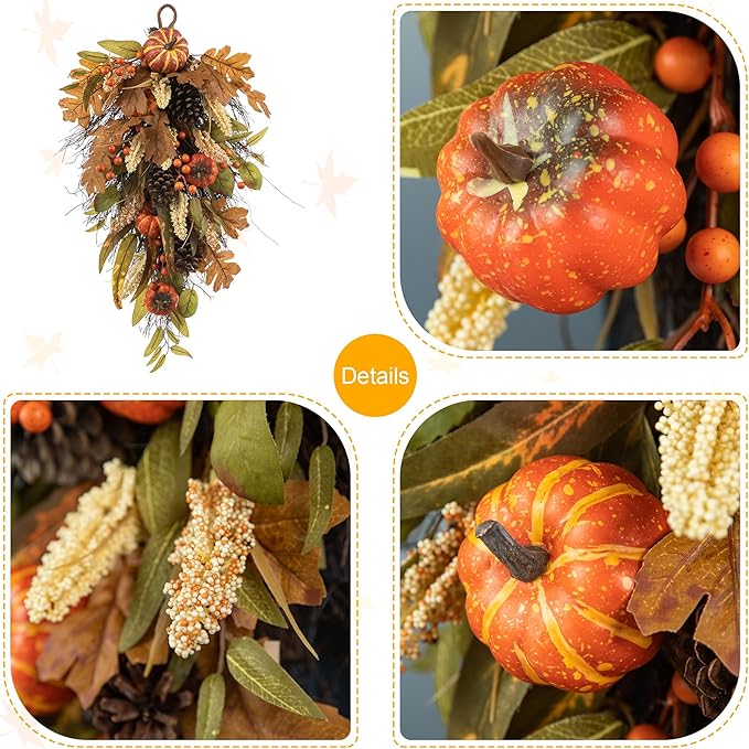 Glitzhome 2 Pcs Fall Teardrop Swags for Front Door, Artificial Wall Decorative Swags with Leaf & Pumpkins & Pine Cones & Berries for Home Porch Wall Window Halloween Thanksgiving Indoor Outdoor Decor