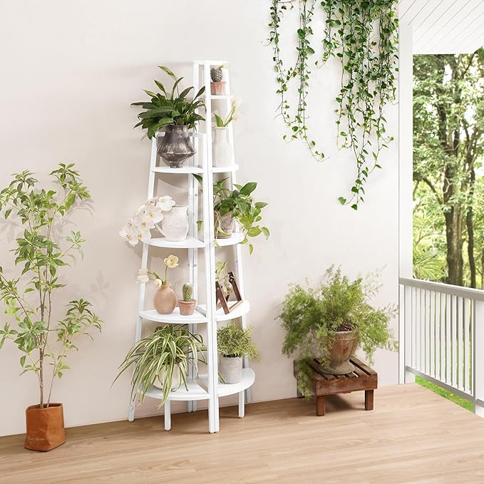 Yoobure Corner Shelf, 5-Tier Corner Bookshelf with Metal Frame & Wood Ladder Shelves - Display Shelf & Tall Bookcase, Plant Stand for Home Decor - Bedroom, Living Room, Office