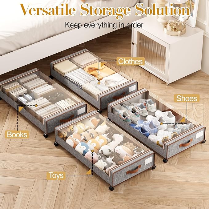 Yecaye Under Bed Storage with Wheels, 4 Pack Under the Bed Storage Containers with Lids & Label, XXL 60L Rolling Underbed Storage Drawers for Clothes, Blankets, Shoes