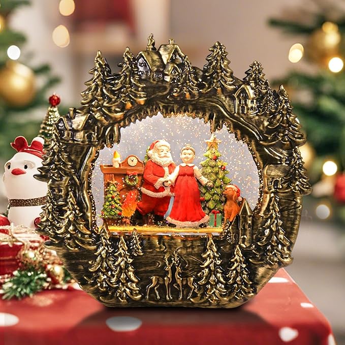 Christmas Snow Globe Lantern Water Glittering Lantern with Santa Claus 8 Music Songs & 6H Timer Christmas Snow Globes USB & Battery Operated for Christmas Festival Decorations Gifts (Bridge-Santa)
