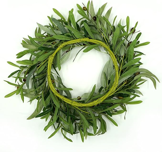 AMF0RESJ 20 inches Artificial Green Olive Wreath Greenery Wreath with Olive Leaves, Bean for Front Door Indoor Outdoor Farmhouse Home Wall Window Festival Wedding Decor, White Gift Box Included
