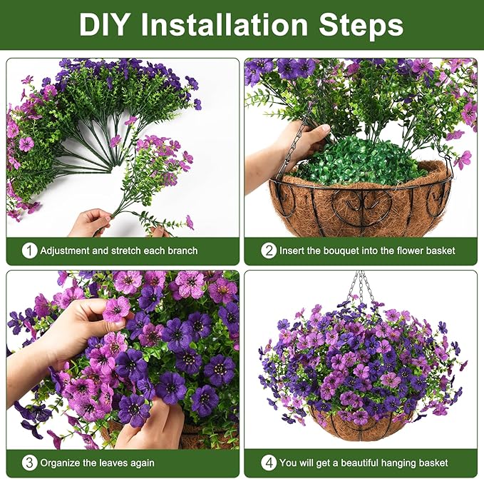 Artificial Faux Hanging Baskets Flowers Plants for Outdoor Spring Decoration, Fake Silk Daisy Outside Indoor UV Resistant Look Real Yard Patio Front Porch Garden Balcony Home Decor(Double Purple)