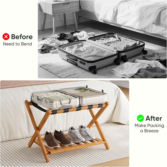 Pack of 2 Fully Assembled Bamboo Luggage Racks with Shoe Shelf, 5 Heavy-Duty Straps Folding Suitcase Stand, Luggage Holders for Guest Room Must Haves, Ideal for Bedroom, Hotel, Honey Oak