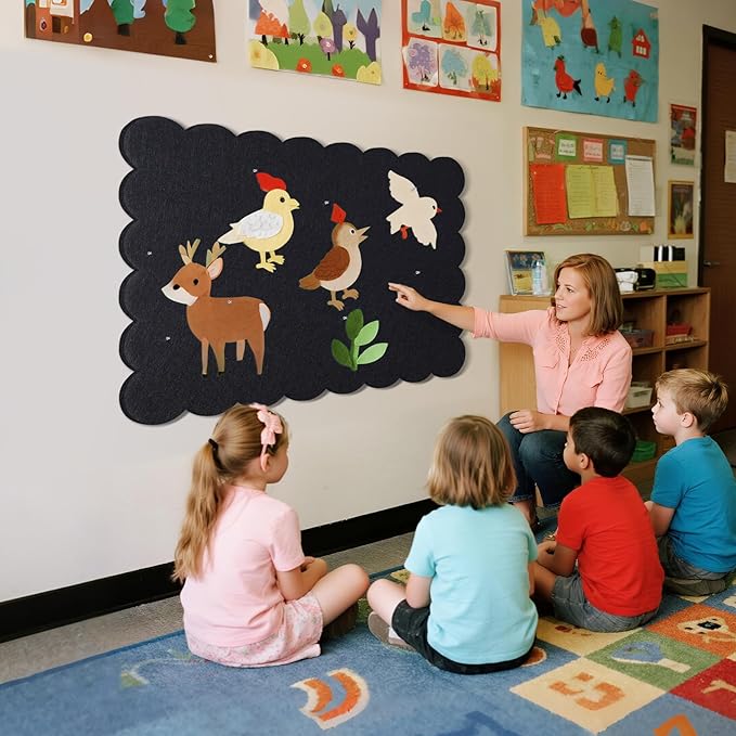 Lightomorrow Scalloped Bulletin Board, 36 x 24 Inches Felt Pin Board - Decorative Cork Alternative for Wall, 3' x 2' Foldable Picture Self-Adhesive Vision Prayer Board with 20 Pushpins - Black