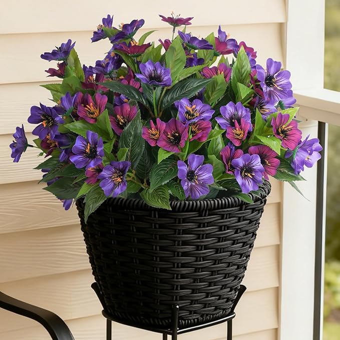 Fake Artificial Flowers for Outdoors Decoration,4 Bundles Silk Faux Spring Flowers with Plants Leave UV Resistant for Planter Front Door Porch Yard Patio Window Box Home Indoor Decor