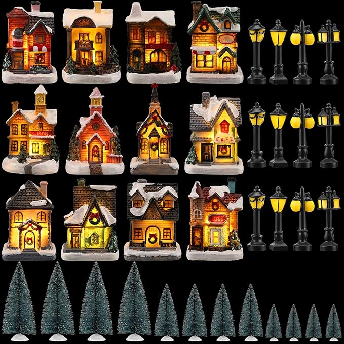 Liliful 36 Pcs Christmas Village Set Decoration Led Lighted Christmas Village House Scene Winter Houses Buildings Collection for Xmas Gifts Table Desktop Indoor Decoration Displays
