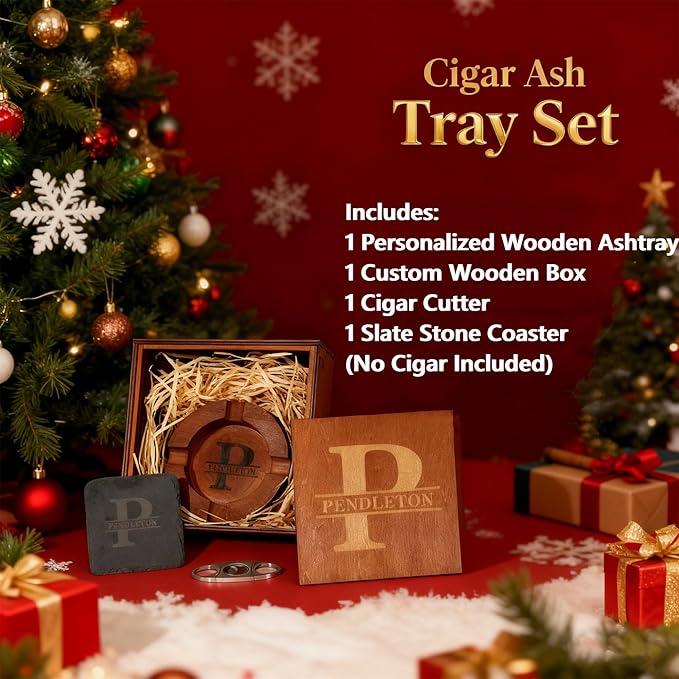 Personalized Name Walnut Cigar Ash Tray Set for Men Custom Wooden Cigar Ashtray Set for Men Father's Day Ashtray Gifts for Husband Fathers Groomsmen Papa Grandpa (Rounded Bowl Set)