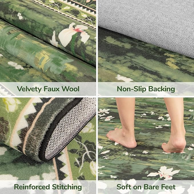 Lessymo Dark Green 5x7 Floral Rugs for Living Room, Soft Washable Area Rug Non-Slip for Dining Room, Impressionist-Style Vintage Carpet, Cottagecore Bedroom Nursery Office Decor