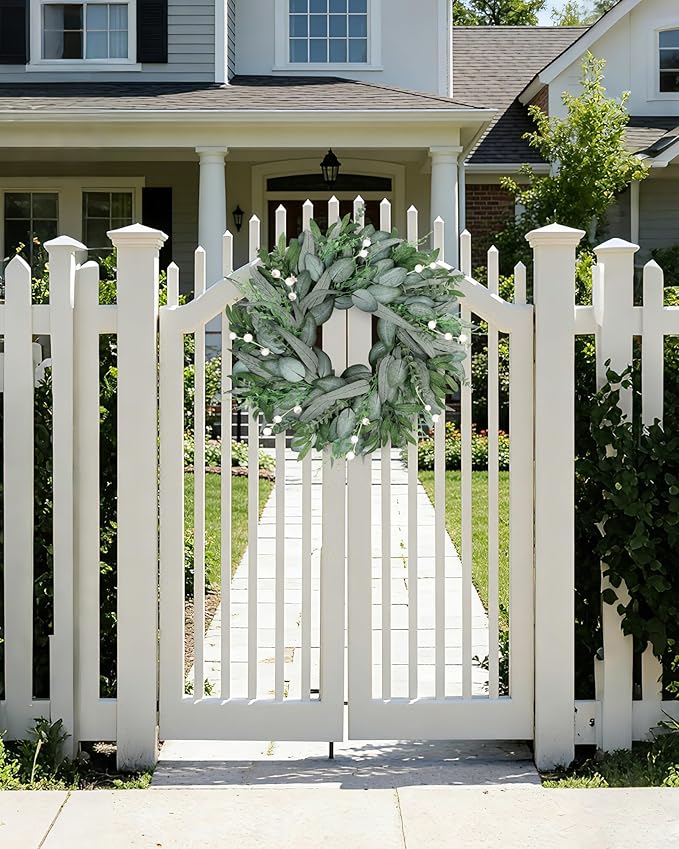 Vlorart 24 Inch Summer Wreath for Front Door, Artificial Outdoor Eucalyptus Wreath, Spring Green Wreaths for Front Door, Boxwood Wreaths with Berries and Olive Leaves for Outside Year Round