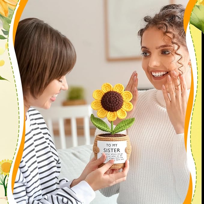 Wavwavw Sister Gifts Handmade Crochet Doll with Card Crochet Present for Sisters Sis Big Little Sister Birthday Wedding Home Decor(Sunflowers)