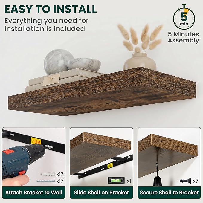Floating Shelves for Wall 72 in x 9.3 in Deep, Wall Mounted Rustic Wood Shelf with Invisible Brackets for Storage & Display, Living Room Bedroom Bathroom, Brown, 1 Pack