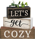 Moucuny 4 Pcs Farmhouse Table Decor Inspirational Wooden Signs Rustic Eucalyptus Leaves Wooden Block Sign Gift Let's Get Cozy Farmhouse Table Centerpiece for Living Room Housewarming Gift