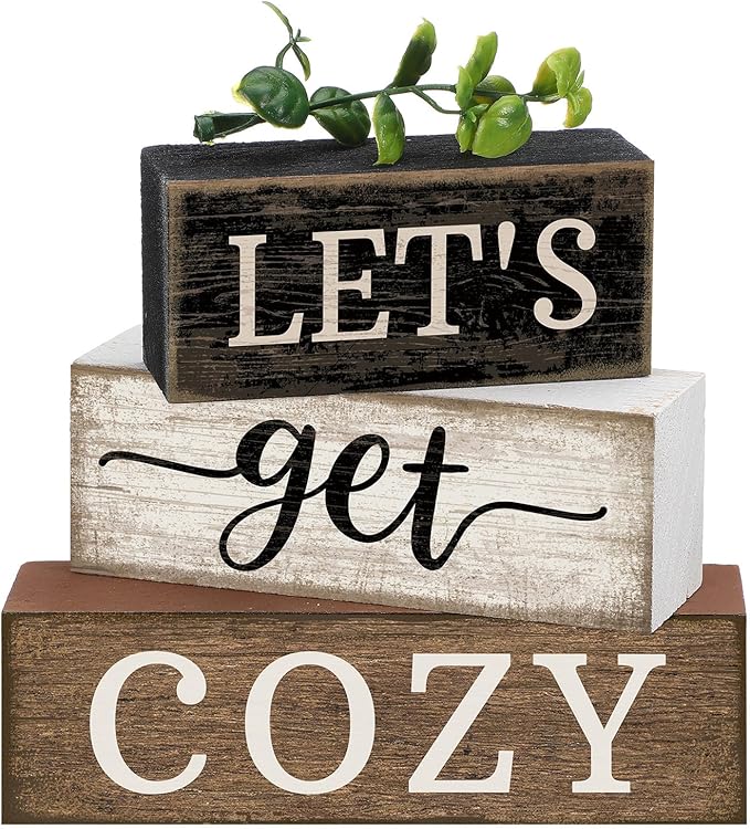 Moucuny 4 Pcs Farmhouse Table Decor Inspirational Wooden Signs Rustic Eucalyptus Leaves Wooden Block Sign Gift Let's Get Cozy Farmhouse Table Centerpiece for Living Room Housewarming Gift