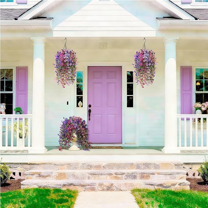 INQCMY Artificial Hanging Flowers Decoration, 8pcs Fake Floral Basket Plants for Outdoor Porch, Faux Shrubs Home Spring Decor UV Resistant Potted Violets for Outside Garden No Fade