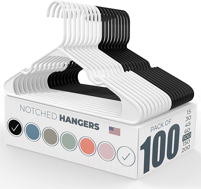 Neaties Plastic Hangers 100 Pack – Made in The USA – 6lb Capacity Standard Clothes Hangers with Notches and Reinforced Edges for Dresses, Lingerie, Shirts, Pants, and Jackets – White & Black