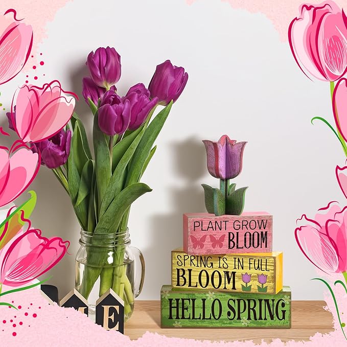 Moucuny 4 Pcs Spring Table Decoration Wooden Stacked Block Decor with Tulip Topper Spring Easter Tiered Tray Decor Platel Flower Table Centerpieces for Easter Party, Living Room, Kitchen