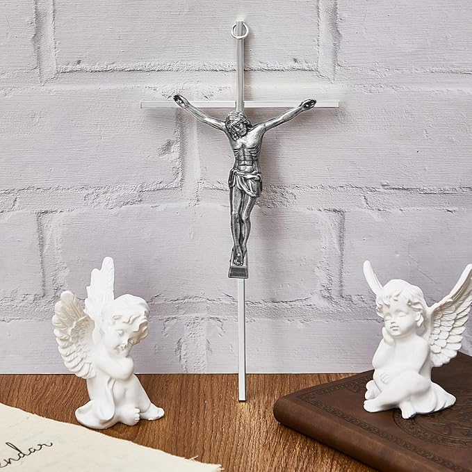 Leinuosen 4 Pieces Crucifix Wall Cross Catholic Slender Metal Crosses Wall Decor for Home Decor Hanging Jesus, 10 x 5 x 1 Inches(Silver)