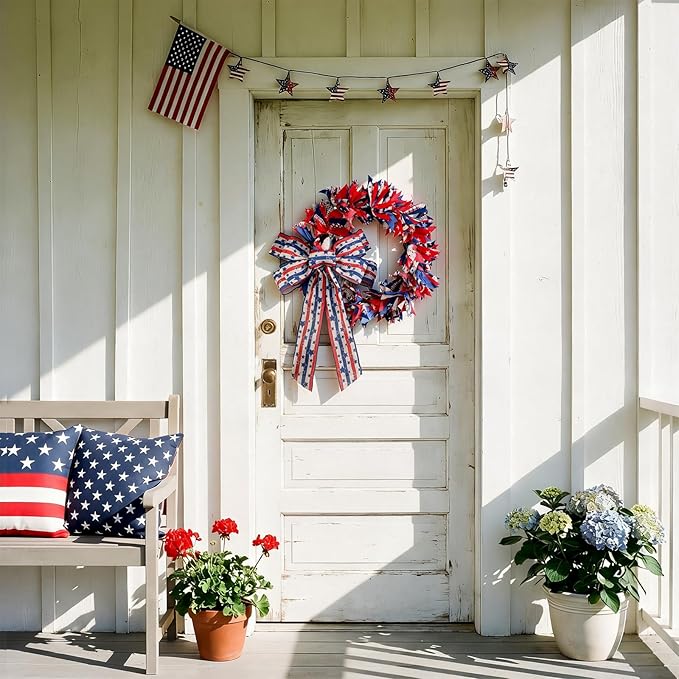 Retrowavy 16 Inch Patriotic Wreath with Bow, 4th of July Wreaths for Front Door Red White and Blue Wreath for 250th Anniversary Memorial Day Independence Day Porch Farmhouse Holiday Decor Vintage