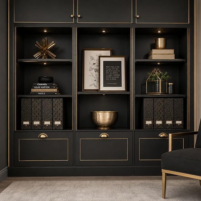 BLU MONACO | Set of 4 Black & Gold Geometric Magazine File Holders with Gold Label Holders | Stylish Vertical File Organizer Boxes for Desk, Bookshelf & Office Storage