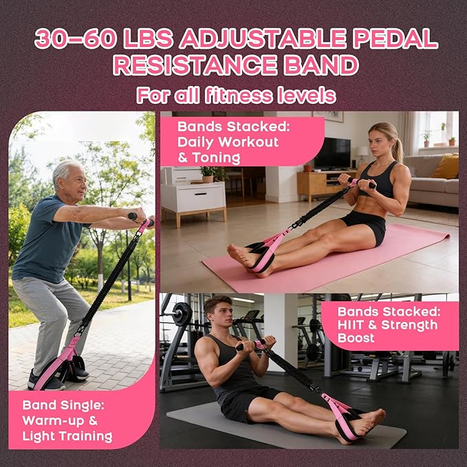 Multifunction Pedal Resistance Band with Handle, 3 Tube Adjustable 30/40/50LB Foot Pedal Puller Resistance Bands with Poster, Extended Length Tension Rope for Men Women Full Body Workout Home Gym