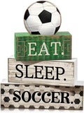 Yuntau 4 Pcs Soccer Wooden Tabletop Decor Soccer Tiered Tray Decor Rustic Wood Block Sign Gift Centerpiece Farmhouse Table Sign for Home Boys Room Office Shelf Birthday Party