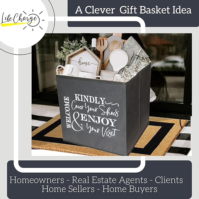 Shoe Cover Box - Welcome Guests to Please Cover Shoes. Indoor Foldable Storage Bin to Fill w/your Favorite Booties. For Homeowner, Real Estate Agent, Realtor Open House Supplies | 1 Grey & White