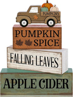 Lineshading 4 Pcs Fall Table Decoration for Home Fall Truck Decor Thanksgiving Tiered Tray Decor Rutic Thanksgiving Centerpiece Pumpkin Truck Block Signs Gift Farmhouse Autumn Decoration for Home