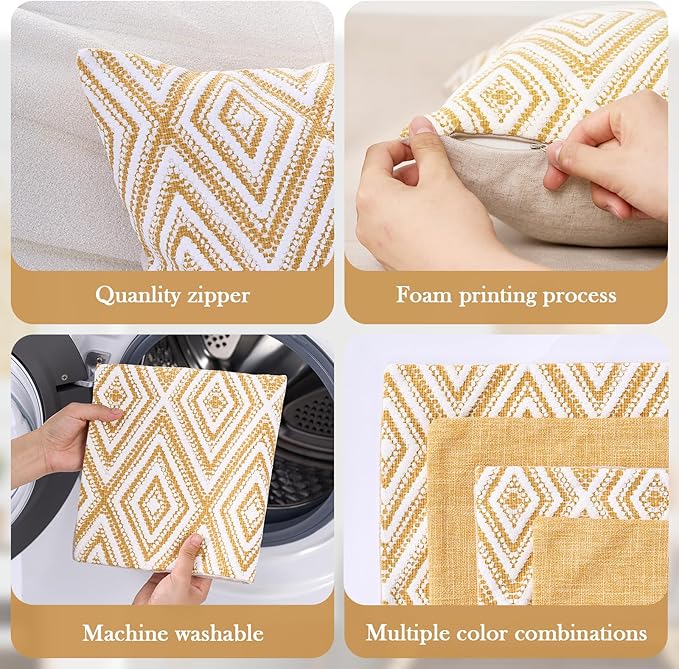 HPUK Decorative Throw Pillow Covers Set of 4 Geometric Design Linen Cushion Cover for Couch Sofa Living Room, 18"x18" inches, Ochre