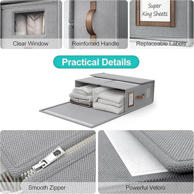 4 Pack Foldable Bed Sheets Set Organizers and Storage(Cal King Size),Linen Fabric Closet Organizers with Window,Folding Bedding Storage Box for Bedsheets and Pillow Cube Organizer-Gray