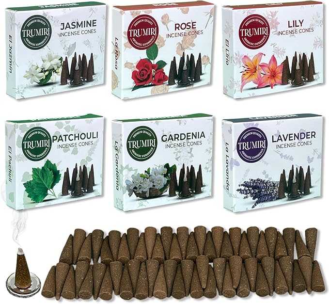Trumiri Floral Incense Cones - Variety Pack - Total 60 Cone Incense (6 Scents x 10 Conos) - Rose, Lavender, Jasmin, Patchouli, Gardenia, Lily - Cone Incense Scents - Insense Cones - Incent Cone