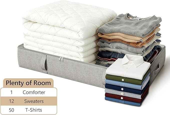 2-Pack Under Bed Storage Containers, 8 Inches Tall Underbed Clothes Storage Organizer Bin with Sturdy Sidewalls/Bottom, Under the Bed Storage Bags 2 Storage Bins, Light Grey