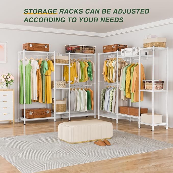 LEHOM G6M Heavy Duty Clothes Rack for Hanging Clothes, Portable Garment Rack Compact Size Closet Organizer, Freestanding Metal Clothing Rack Wardrobe Closet with Storage Shelves for Bedroom, White